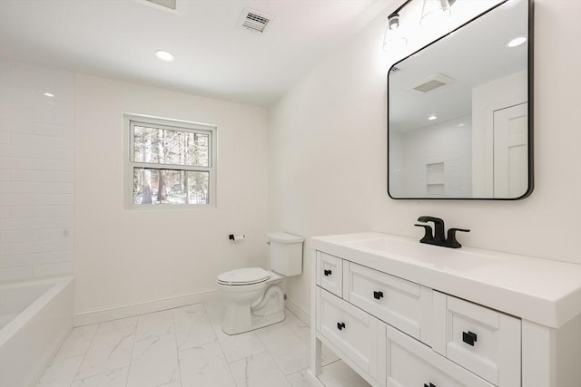 full bathroom featuring bathtub / shower combination, vanity, and toilet