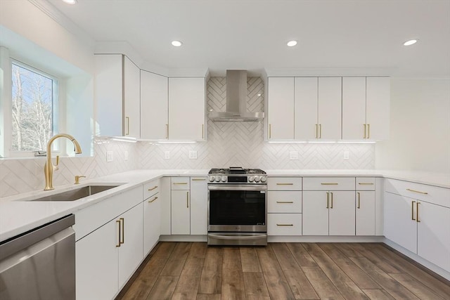 kitchen with sink, white cabinets, wall chimney range hood, and appliances with stainless steel finishes