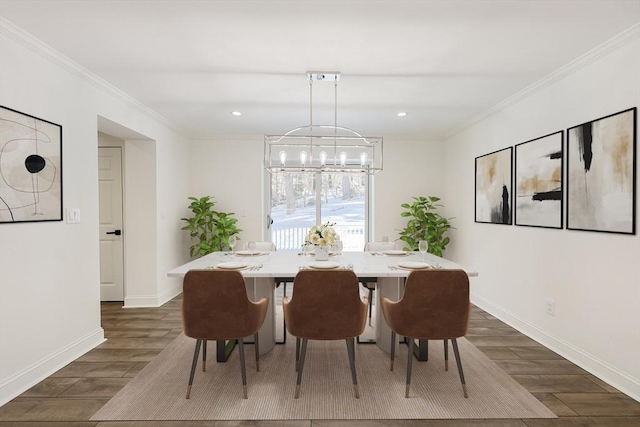 dining room with an inviting chandelier, crown molding, and dark wood-type flooring