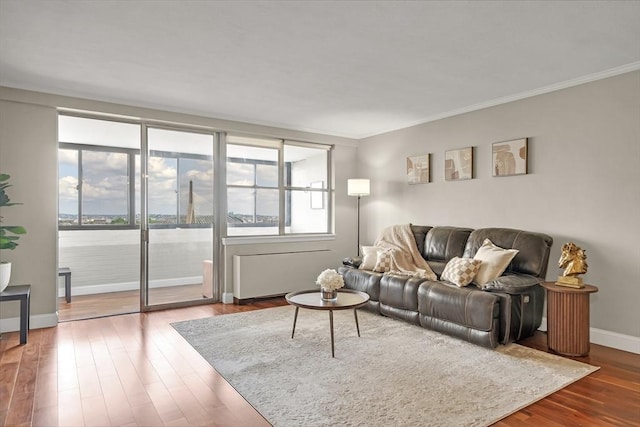 living room featuring hardwood / wood-style floors, radiator heating unit, crown molding, and a water view