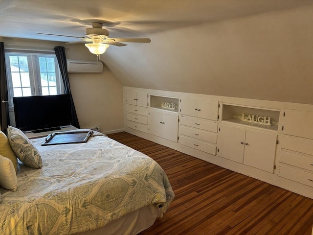 bedroom featuring lofted ceiling, an AC wall unit, ceiling fan, and dark wood-style flooring