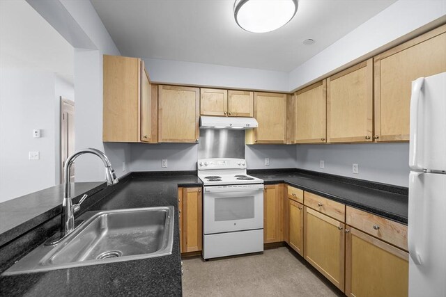 275 W Main St Unit 21, Marlborough, MA 01752 - kitchen with white appliances, under cabinet range hood, a sink, and dark countertops
