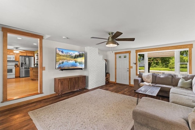 2025 S St, Bridgewater, MA 02324 - living room featuring a ceiling fan, dark wood-type flooring, baseboards, and recessed lighting