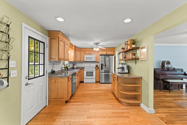 2025 S St, Bridgewater, MA 02324 - kitchen featuring open shelves, white appliances, ceiling fan, a sink, and light wood-style flooring