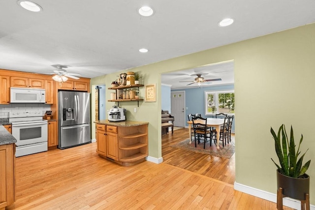 2025 S St, Bridgewater, MA 02324 - kitchen with white appliances, open shelves, a ceiling fan, and recessed lighting