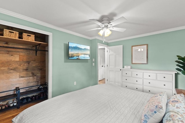 2025 S St, Bridgewater, MA 02324 - bedroom with ornamental molding, a ceiling fan, and wood finished floors