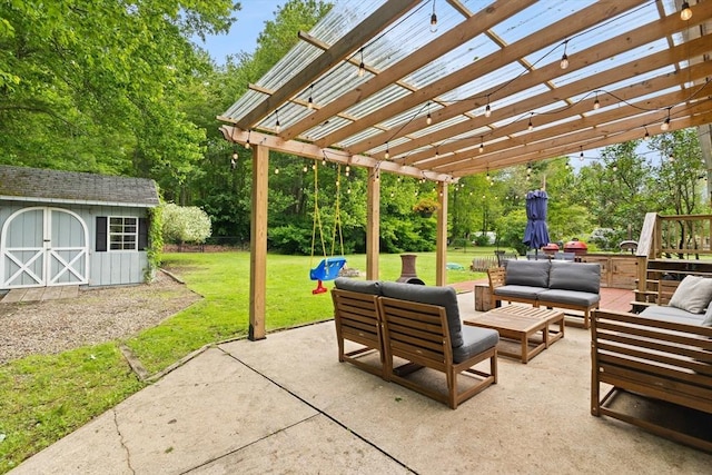 2025 S St, Bridgewater, MA 02324 - view of patio / terrace with outdoor lounge area, a pergola, and view of scattered trees