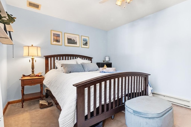 bedroom with ceiling fan, carpet flooring, visible vents, baseboards, and baseboard heating