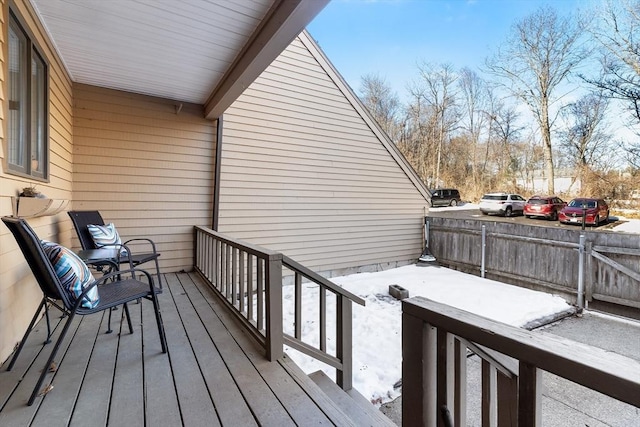 view of snow covered deck