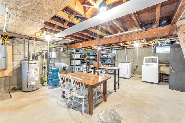 below grade area featuring a heating unit, water heater, independent washer and dryer, and electric panel