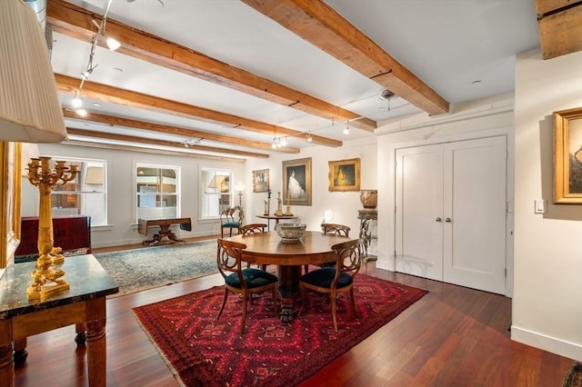 dining room featuring beamed ceiling and dark hardwood / wood-style floors