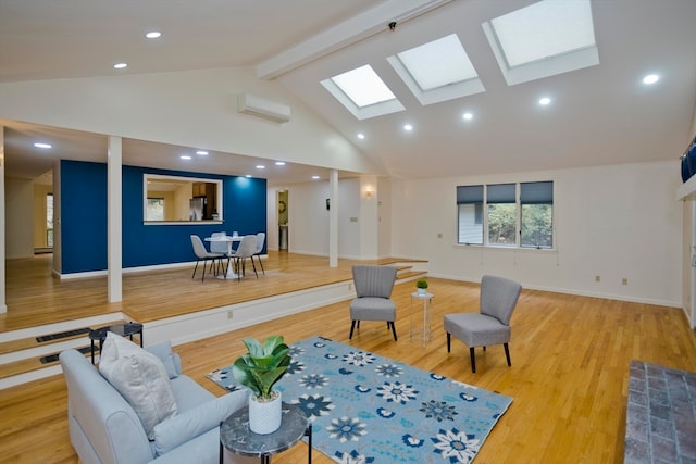 living room with hardwood / wood-style floors, a wall mounted AC, beamed ceiling, and high vaulted ceiling