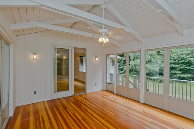 unfurnished sunroom featuring wood ceiling, lofted ceiling with beams, and ceiling fan