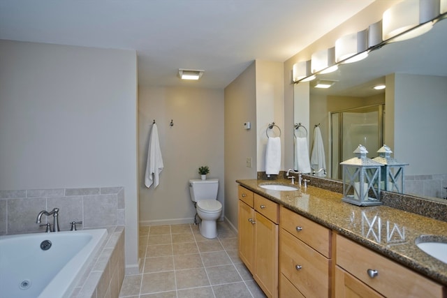 full bathroom with vanity, separate shower and tub, toilet, and tile patterned floors