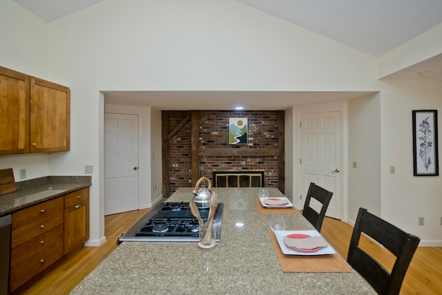 kitchen with appliances with stainless steel finishes, stone countertops, a fireplace, and light wood-type flooring