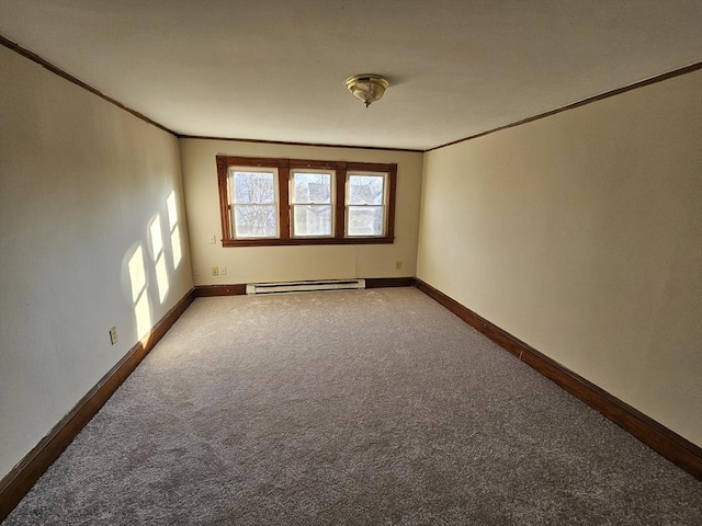 unfurnished room with carpet flooring, crown molding, and a baseboard radiator