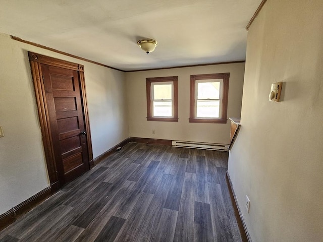 empty room featuring a baseboard radiator, dark hardwood / wood-style floors, and ornamental molding