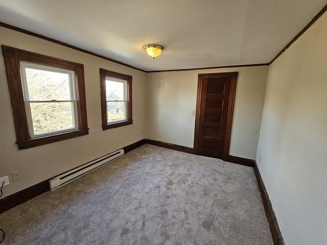 unfurnished room with crown molding, light colored carpet, and baseboard heating