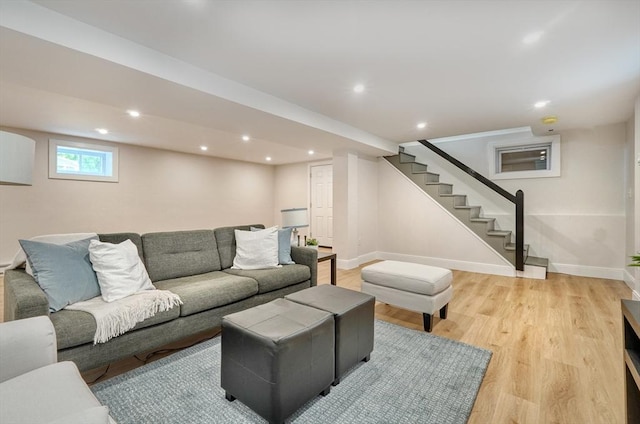 46 Pearl St, Melrose, MA 02176 - living area with light wood-style flooring, stairway, and recessed lighting
