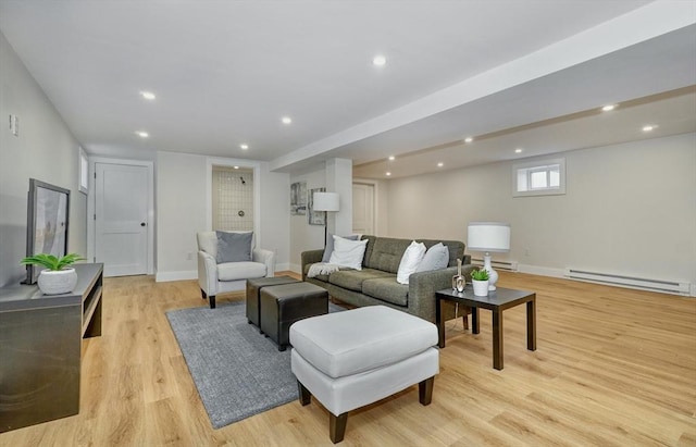 46 Pearl St, Melrose, MA 02176 - living room featuring a baseboard heating unit, light wood-style flooring, and recessed lighting