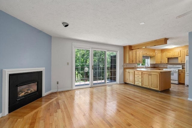 399 Pond St Unit G6, Braintree, MA 02184 - kitchen featuring white appliances, light brown cabinets, light wood-type flooring, a peninsula, and a textured ceiling