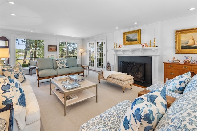 carpeted living room with crown molding