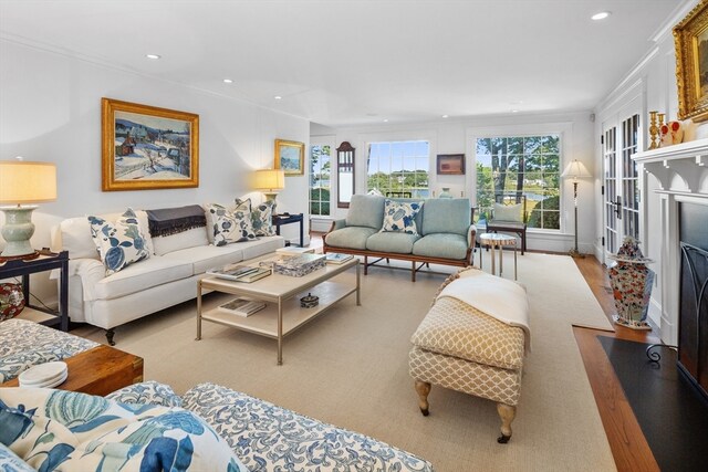 living room with light hardwood / wood-style flooring, plenty of natural light, and crown molding