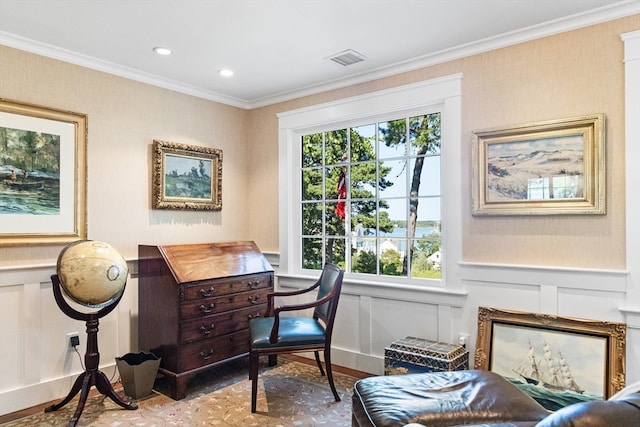 office space with crown molding and light hardwood / wood-style flooring