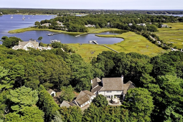 drone / aerial view with a water view