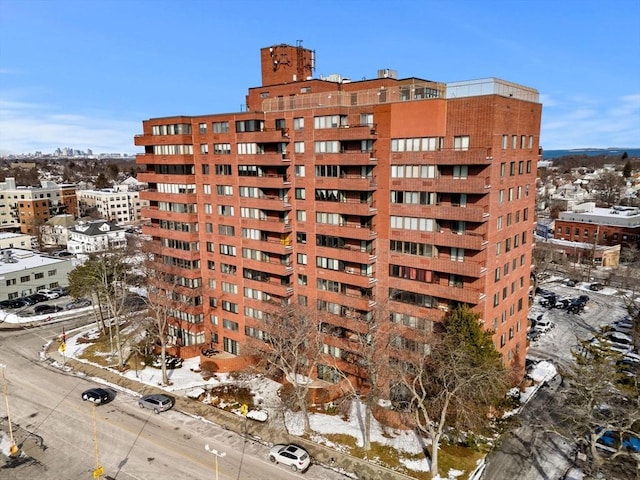 view of snow covered building