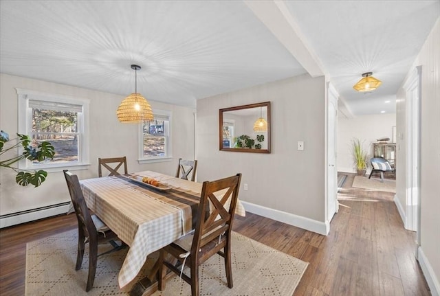 dining room with wood-type flooring and a baseboard heating unit