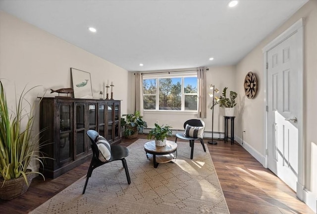 living area with a baseboard heating unit and hardwood / wood-style floors