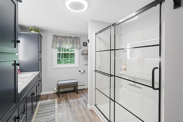 14 Daniels Rd, Charlton, MA 01507 - full bathroom with wood finished floors, a baseboard radiator, a stall shower, vanity, and baseboards