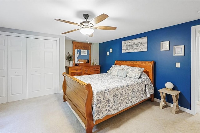 14 Daniels Rd, Charlton, MA 01507 - bedroom with light carpet, a closet, ceiling fan, and baseboards