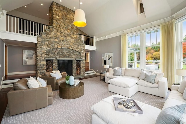 210 Monument Farm Rd, Concord, MA 01742 - living room with recessed lighting, baseboards, a fireplace, and high vaulted ceiling