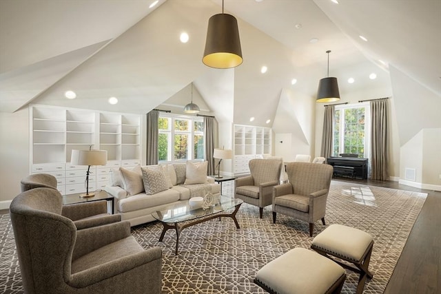 210 Monument Farm Rd, Concord, MA 01742 - living area featuring lofted ceiling, recessed lighting, baseboards, visible vents, and wood finished floors