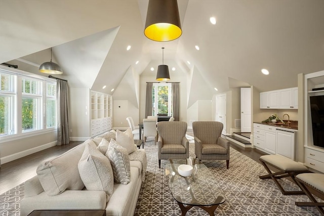 210 Monument Farm Rd, Concord, MA 01742 - living area featuring lofted ceiling, baseboards, dark wood-type flooring, and recessed lighting