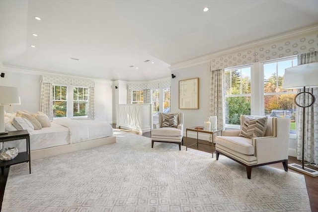 210 Monument Farm Rd, Concord, MA 01742 - bedroom featuring ornamental molding, wood finished floors, and recessed lighting
