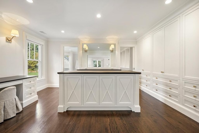 210 Monument Farm Rd, Concord, MA 01742 - kitchen featuring ornamental molding, dark countertops, white cabinets, and dark wood-type flooring
