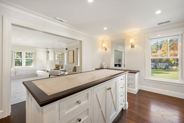 210 Monument Farm Rd, Concord, MA 01742 - kitchen with white cabinets, crown molding, baseboards, and dark wood-style floors