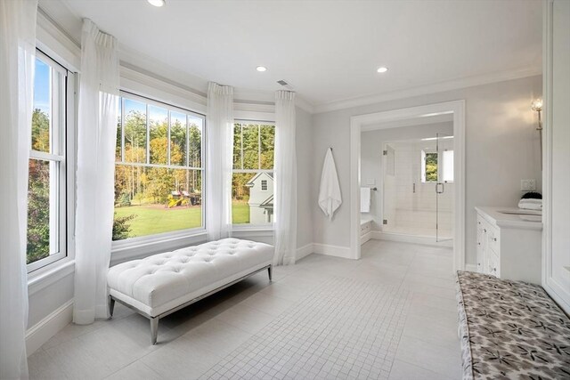 210 Monument Farm Rd, Concord, MA 01742 - interior space with crown molding, a wealth of natural light, baseboards, and a stall shower
