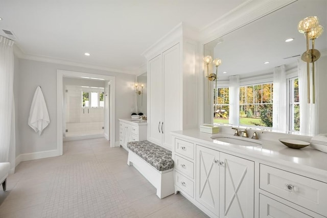 210 Monument Farm Rd, Concord, MA 01742 - full bath featuring baseboards, ornamental molding, vanity, and a stall shower