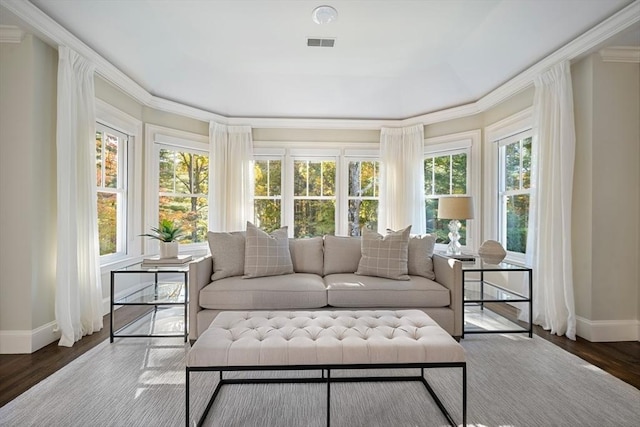 210 Monument Farm Rd, Concord, MA 01742 - sunroom with crown molding, wood finished floors, visible vents, and baseboards