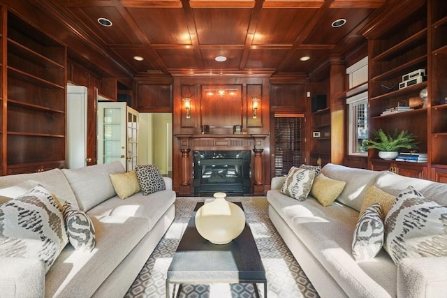 210 Monument Farm Rd, Concord, MA 01742 - carpeted living room with crown molding, wooden walls, wood ceiling, and recessed lighting