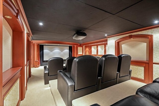 210 Monument Farm Rd, Concord, MA 01742 - cinema room with recessed lighting, ornamental molding, wallpapered walls, and carpet