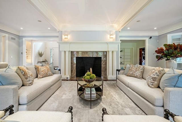 210 Monument Farm Rd, Concord, MA 01742 - living area featuring crown molding, visible vents, a high end fireplace, and recessed lighting