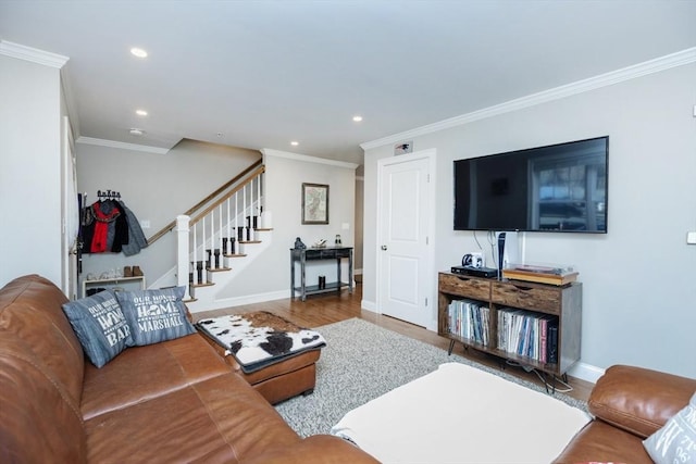 living room featuring stairs, recessed lighting, wood finished floors, and baseboards