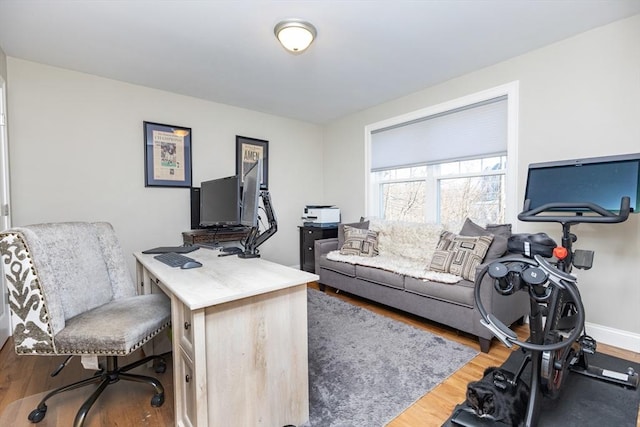 office space with baseboards and wood finished floors