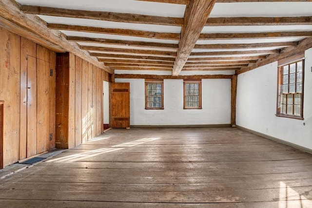 spare room featuring hardwood / wood-style flooring, baseboards, beamed ceiling, and wood walls