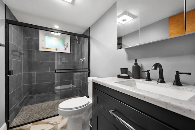 313 Walter St, Fall River, MA 02724 - bathroom featuring marble finish floors, vanity, tiled shower, and recessed lighting